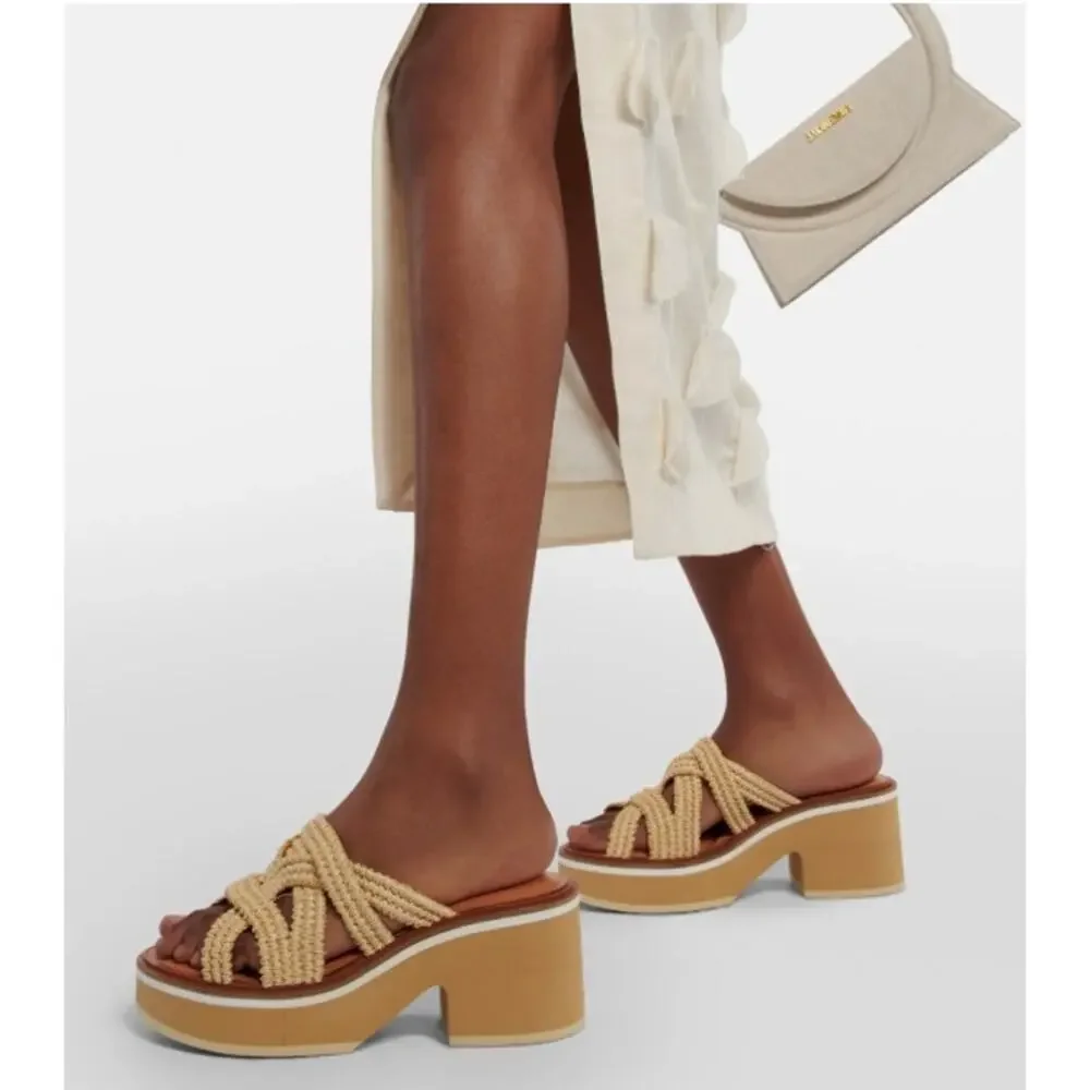 Clergerie Chermy Raffia Platform Mules Beige Natural Size 36